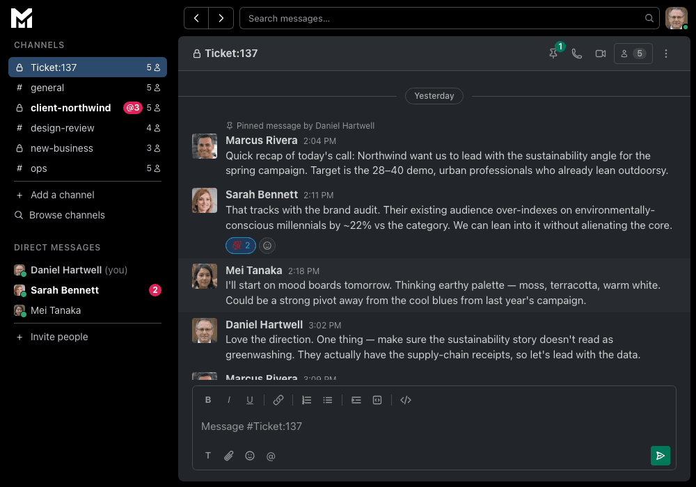 MergeYard ticket channel rendered in dark mode.