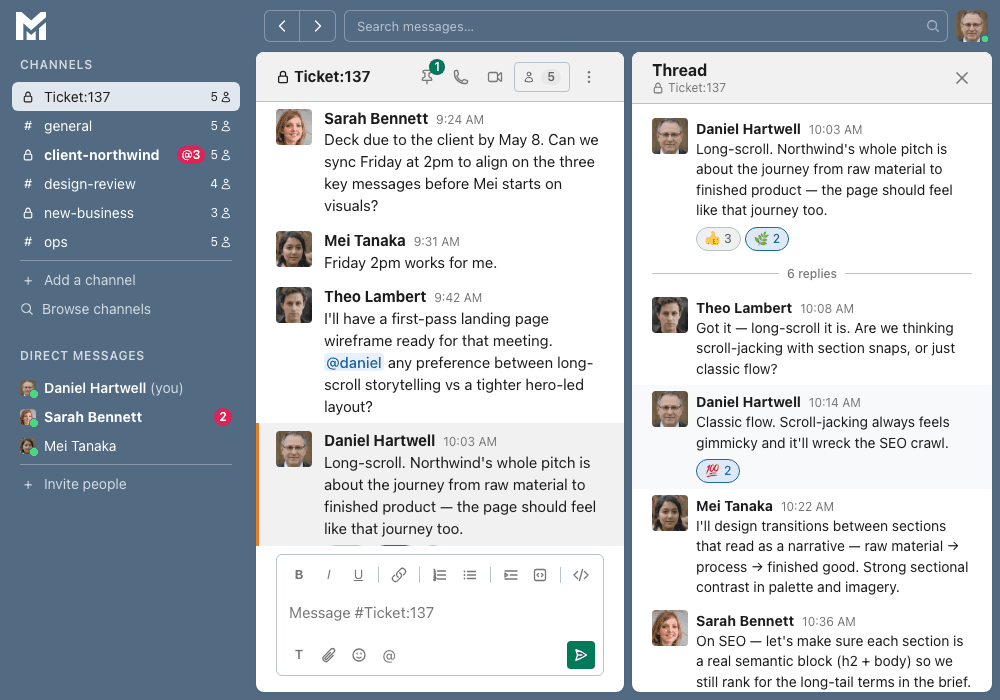 Threaded reply panel keeping a side discussion off the main channel timeline.