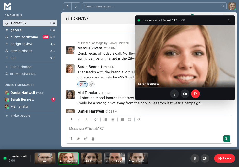 Video conference modal hosting a call inside MergeYard.