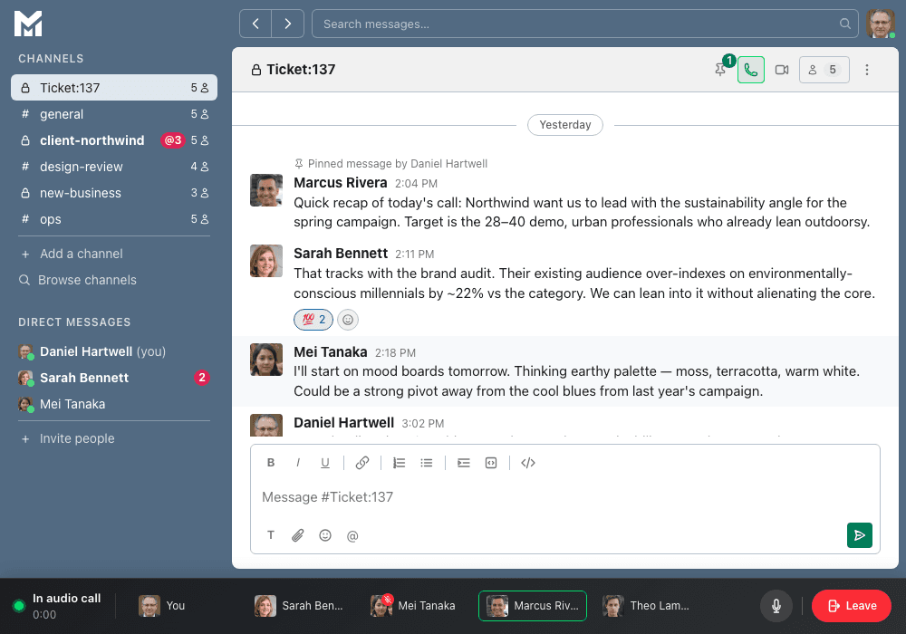 Audio call interface for a quick voice huddle.