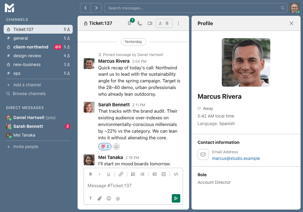 Teammate profile panel showing role, contact details, and presence.