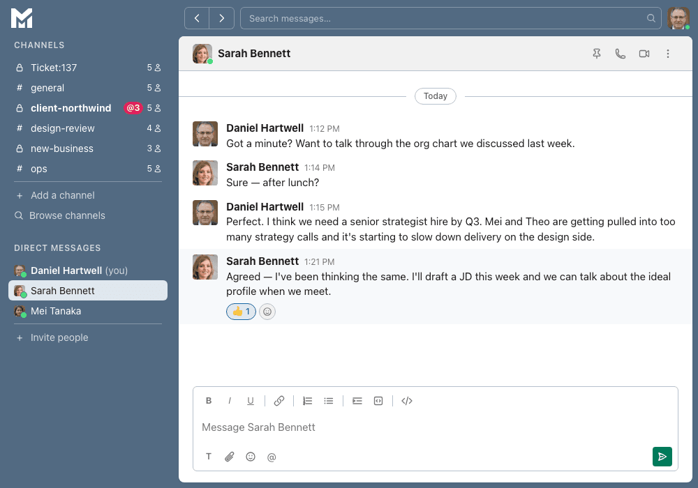 One-on-one direct message conversation between two agents.